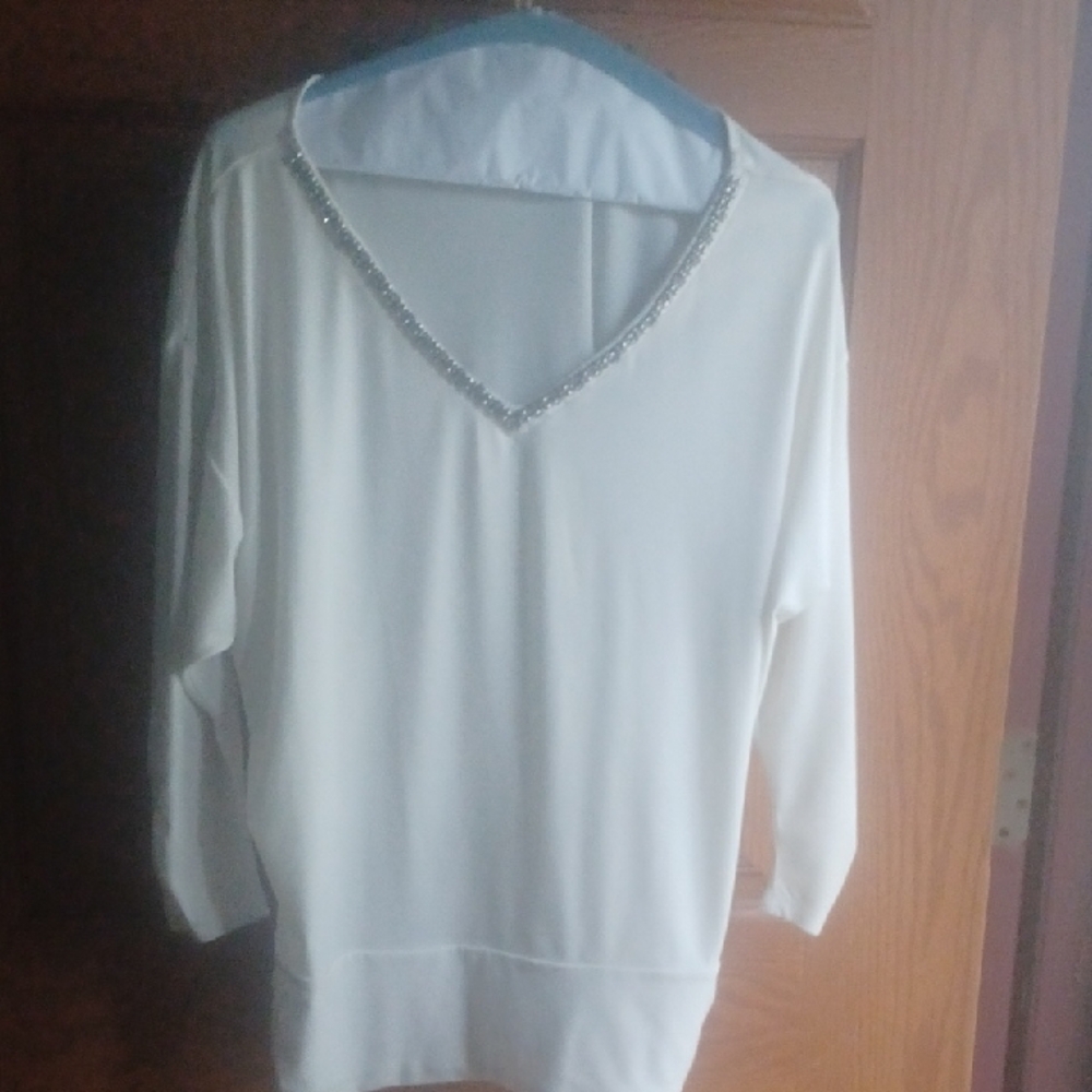 White House Black Market Ivory Blouse with Metallic Accents